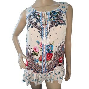 Bila Boho Floral Peplum Lightweight Sleeveless Blouse With Tassels